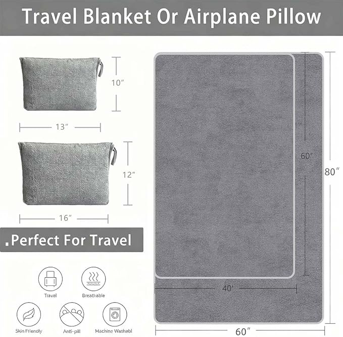 Travel Blanket Pillow, Soft Airplane Blanket 2-in-1, Travel Blanket Airplane Compact with Bag, Travel Essentials Accessories for Plane and Car,60x40 Grey