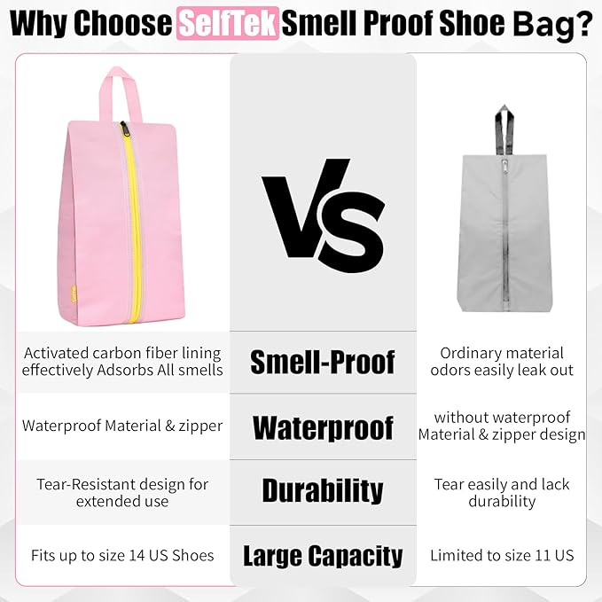 SelfTek Smell Proof Travel Shoe Bags for Women - Cleat Bags for Sports, Water-Resistant Travel Shoe Organizer with Active Carbon Fabric, Lightweight Gol-f soccer cleats Shoe Bag- Pink