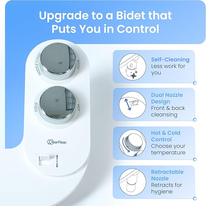 CLEAR REAR Bidet Attachment for Toilet Seat -Non-Electric with Self Cleaning Nozzles, Leak Proof Connectors, Adjustable Water Spray, Rear & Feminine Wash - Toilet Bidet Upgrades (Cold & Warm Water)