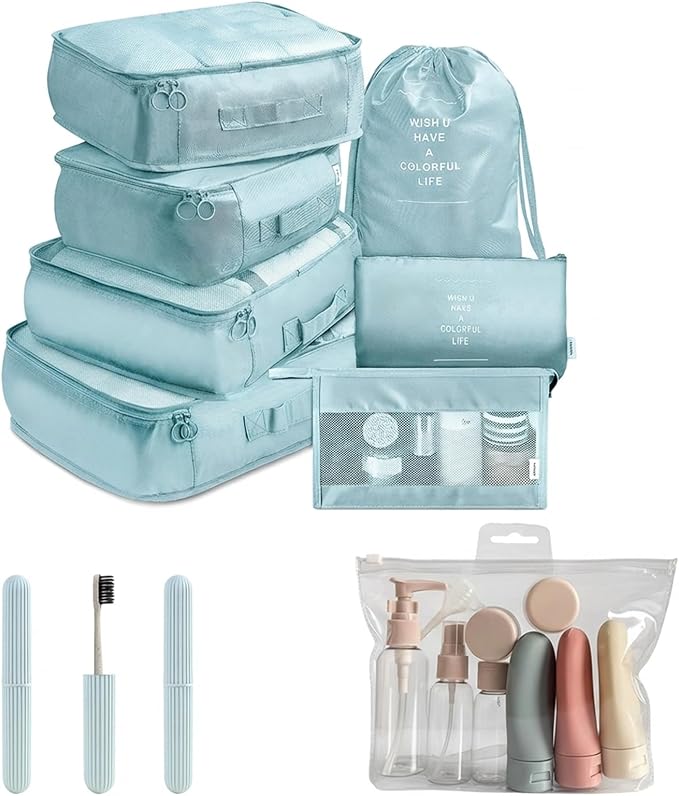 11 Set Packing Cubes for Travel,Gifts for Women Mom,Anti-Tearing Suitcase Organizer for Luggage with Shoe & Hanging Toiletry Bag, Toiletries Travel Bottles, 3 Portable Toothbrush Cases, Blue