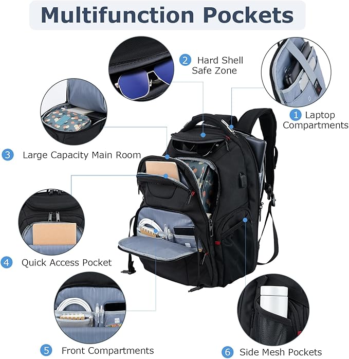 VANKEAN 17.3'' Travel Laptop Backpack TSA Friendly, Water Resistant Anti Theft Extra Large College Backpacks with RFID Pockets, USB Port for Men Women Business Work Bag, Black