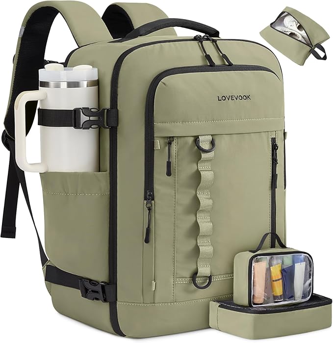 LOVEVOOK 50L Travel Backpack for Men Women, Waterproof Carry On Backpack for Work & Travel, Flight Approved Personal Item with 3 Packing Cubes, TSA Bag Fits 17.3" Laptop,Greyish green