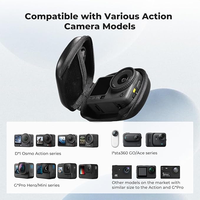 K&F CONCEPT Semi Open Carrying Case for DJI Osmo Action 6/3/4/5 Pro, Small EVA Hard Storage Bag Portable Travel Protector Case for Go Pro Hero 13/12/11/10/9 Black, Insta360 Ace/Ace Pro/2