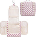 Narwey Checkered Hanging Travel Toiletry Bag for Women, Travel Bag for Toiletries, Makeup Bag Organizer Cosmetic Bags Make Up Bags for Women (Dusty Rose Checkerboard)