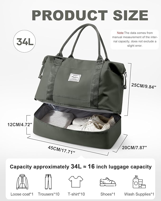 Spirit Travel Duffel - 18x14x8 Inches Weekender Overnight Bag with Shoes Compartment, Trolley Sleeve, Carry On for Airplanes, Sport Tote Gym Bag - Green