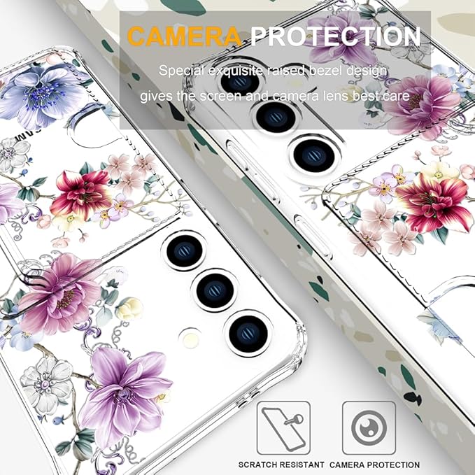Compatible with Samsung Galaxy S24 / S25 Case Card Holder for Women Cute Design,Wallet Phone Cases Transparent Cool Kawaii Protective (Clear Wonderful Large Flowers)