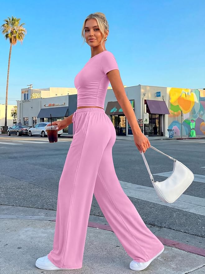 Trendy Queen 2 Piece Matching Summer Lounge Set Womens Side Ruching Top Wide Leg Pants Sets with Pockets