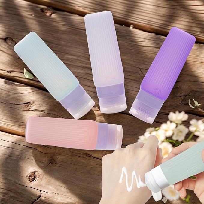 Travel Bottles for Toiletries, TSA Approved Silicone Travel Containers for Toiletries, Leak Proof 3 oz Refillable Bottles for Shampoo, Conditioner, Translucent Pastel Color (4 Pack)