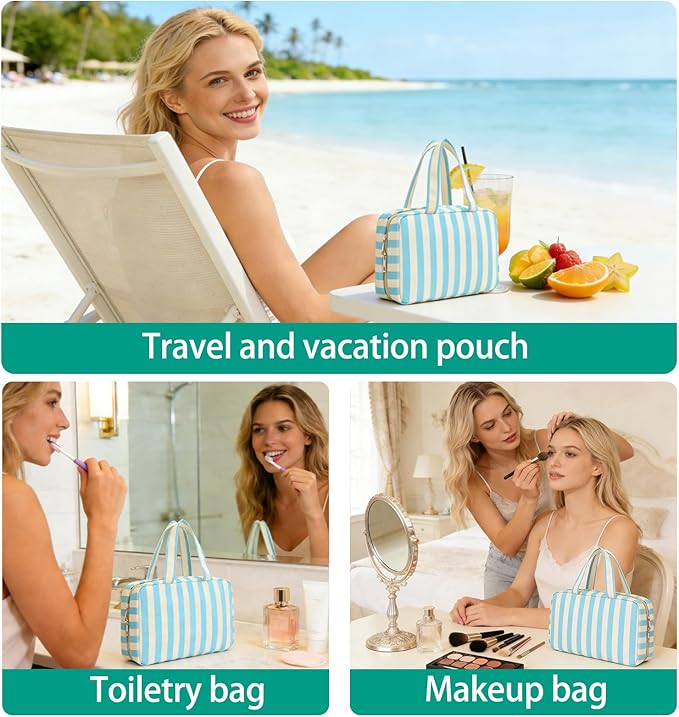 Toiletry Bag for Women Travel Water-resistant Cosmetic Bag Fashion Stripes Makeup Bag with Hanging Hook Preppy for Store Toiletries Cosmetic Accessories Medium Blue
