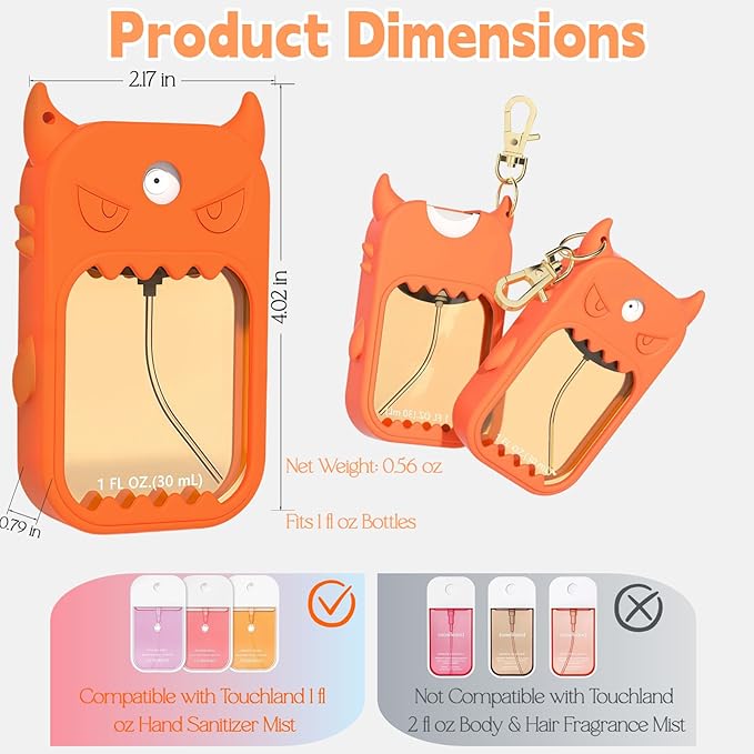 Hand Sanitizer Case Compatible with Touchland 1 Fl Oz, Cute Monster Silicone Spray Holder with Keychain for Bags, Orange