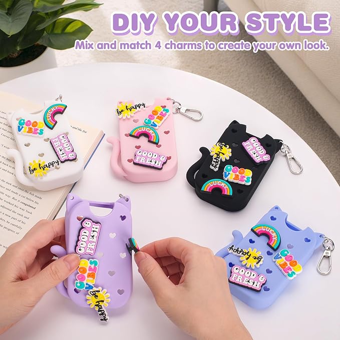 Silicone Case Holder Compatible with Hand Sanitizer Spray Touchland 1 fl oz, Cute Cat Ear Protective Case with Keychain & 4 Decorative Charms (Purple, 1P)