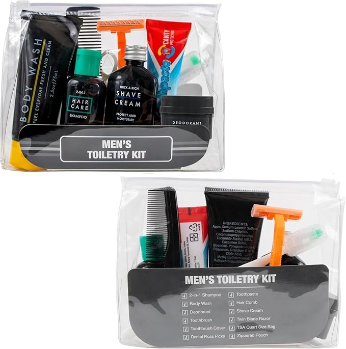 Trail maker Men’s Travel Toiletry Bag with Supplies, 13 Piece Travel Size TSA Compliant Oral Care and Grooming Essentials Kit