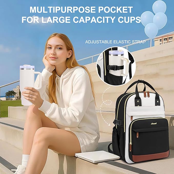 Laptop Backpack for Women Bag: 17 inch Backpacks with Pouch Pocket for Large Capacity Cup Travel Waterproof Bookbag Anti-theft College Casual Work Book Bags for Teacher Nurse Black Beige