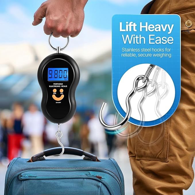 Flexzion Digital Hanging Scale – 110lb/50kg Portable Luggage Scale, and Fish Scale with Electronic Backlight LCD, Stainless Steel Hook, 2 AAA Included