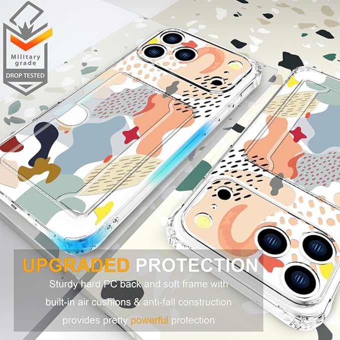 Compatible with iPhone 17 Pro Case Card Holder for Women Cute Design,Wallet Phone Cases Transparent Cool Kawaii Protective (Clear Abstract Art)