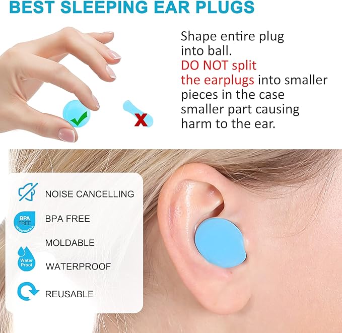Ear Plugs for Sleeping, Waterproof Moldable Silicone EarPlugs for Sleeping Noise Cancelling, Mowing, Swimming and Concerts
