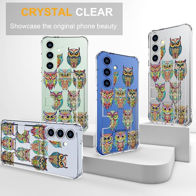 Compatible with Samsung Galaxy S24+ Plus / S25+ Plus Case Card Holder for Women Cute Design,Wallet Phone Cases Transparent Cool Kawaii Protective (Clear Colorful Owls Cartoon)