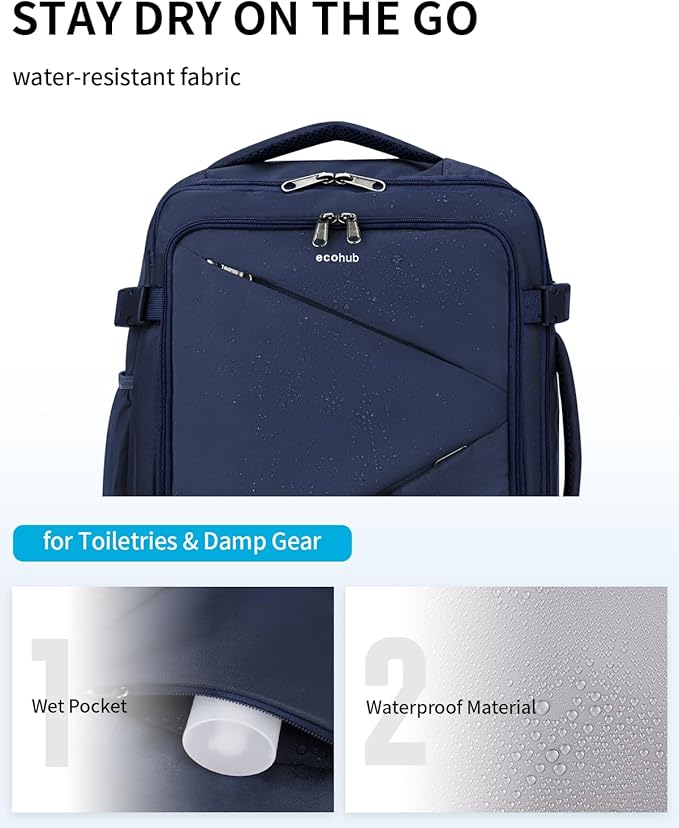 ECOHUB 17" Small Unisex Travel Backpack United Airlines Approved 17x10x9 Friendly Suitcase Anti-Theft Lockable Zippers Style Personal Item Bag Travel Essentials with 12 Pockets Water Resistant, Blue