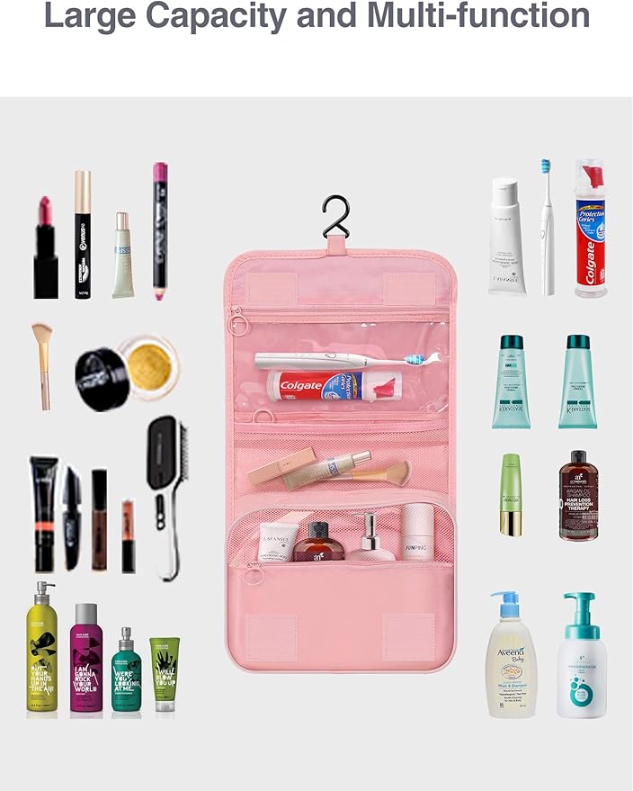 Luxtude Hanging Toiletry Bag for Women with Hanging Hook, Water-resistant Traveling Toiletries Bag, Portable Toiletry Travel Organizer Bag for Toiletries, Shower, Bathroom, Cosmetics Accessories-Pink