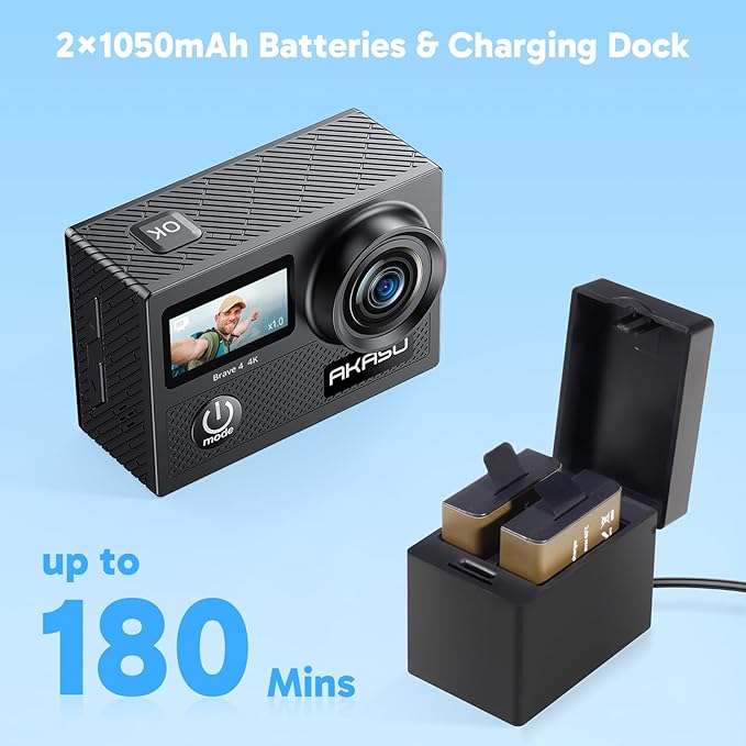 AKASO Brave 4 Action Camera with 128GB MicroSDXC U3 Card 4K30FPS 20MP Ultra HD 131FT Waterproof Underwater Camera EIS WiFi Remote Control 5X Zoom Sport Camera with Motorcycle Bicycle Accessories Kit