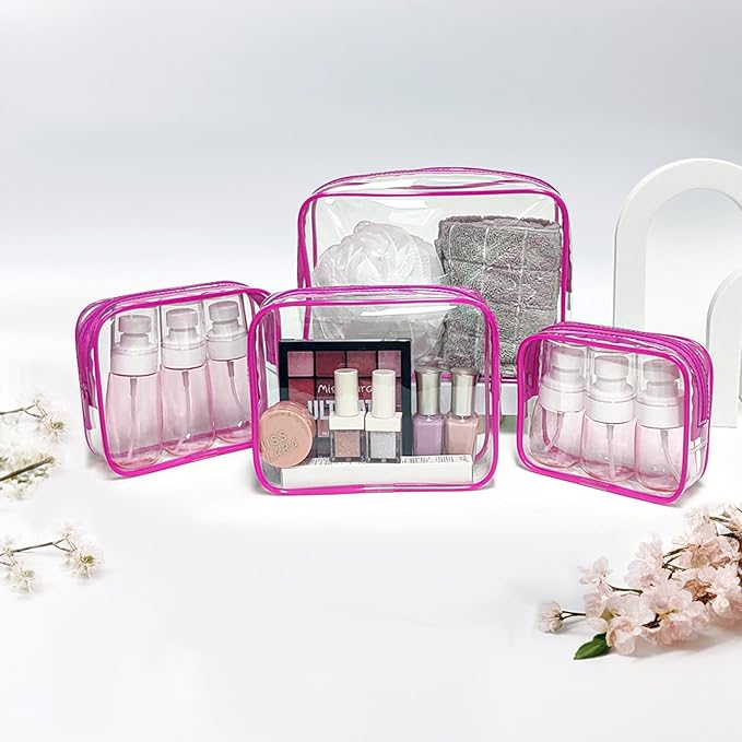 4 Pack Clear Toiletry Bags, Portable Travel Makeup Pouch with Zipper, TSA Approved Organizer, Clear Pouch Bags Compatible With Bogg Bag Divider Accessories (Pink, Pack of 8)