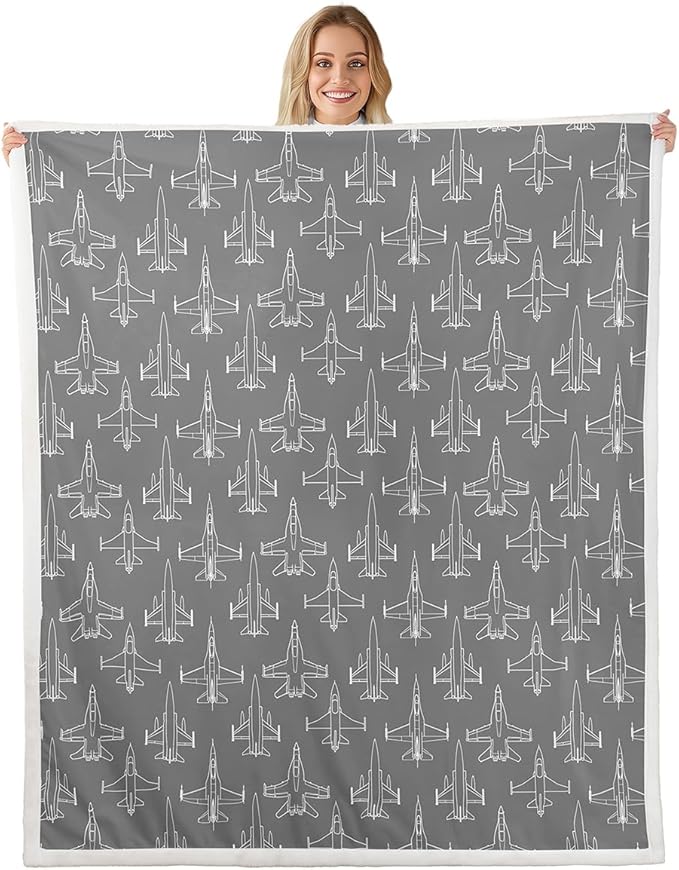 Cartoon Airplane Kids Throw Blanket, American Aircraft Toddler Bed for Girls Boys Adults, Hand-Painted Air Plane Fleece, Grey White Unique Fuzzy, 40 x 50 Inches