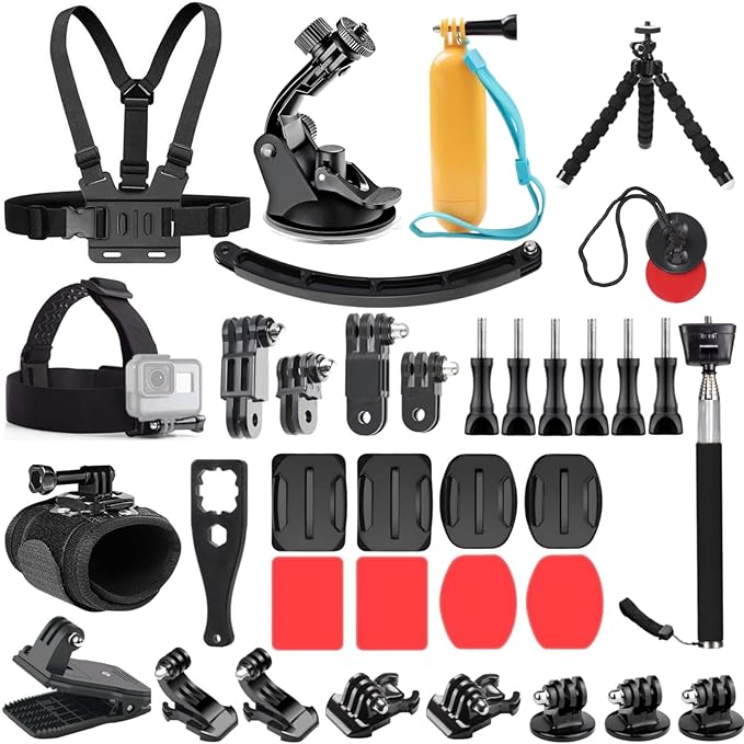 36 in 1 Accessories Kit for Action Camera, Chest & Head Strap Mount, 360° Rotating Wrist Strap Mount, Backpack Clip, Suction Cup Mount, Floating Handle Grip and Various Adjustable Camera Accessories