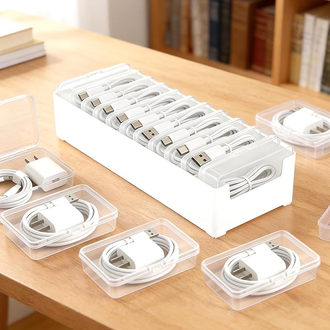 4 Sets Cable Organizer Storage Box with 11 Clear Switch Case Desktop Cable Management Box Power Cord Organizer Stackable Cords Storage Organizer for Office Home Desk Accessories Stationery Supplies