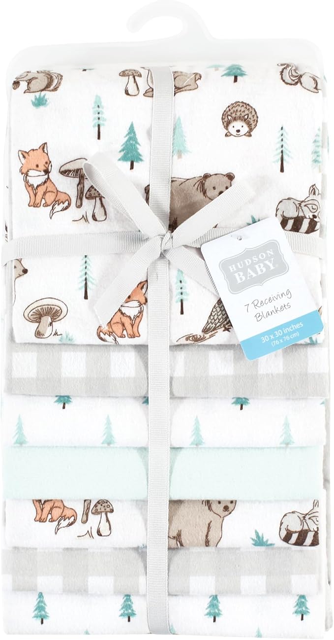 Hudson Baby Unisex Baby Cotton Flannel Receiving Blankets Bundle, Neutral Woodland Pals, One Size