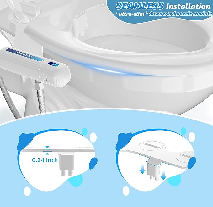 Ultra-Slim Bidet Attachment for Toilet, Non-Electric Dual Nozzle (Rear & Feminine Wash), Adjustable Water Pressure, Easy to Install, Fits Most Toilets, Stainless Steel Hose, Blue & White