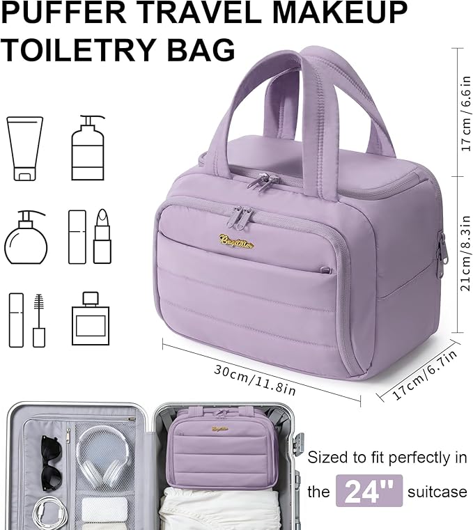 Bagstellar Travel Toiletry Bag for Women, Lightweight Large Quilted Puffy Makeup Bag Wide-open Make up Organizer Cloud Cosmetic Bag w/Handle for Traveling, Toiletries, Essentials Accessories Lavender