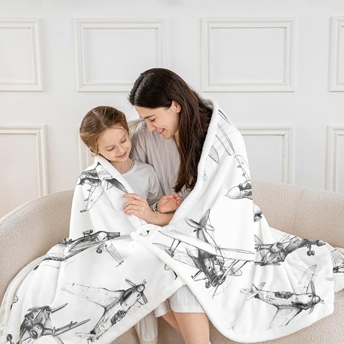 Airplane Kids Throw Blanket,American Aircraft Vintage Toddler Bed Blanket for Girls Boys Adults,Air Vehicles Air Plane Fleece Blanket,Black White Fuzzy Blanket,40 x 50 Inches