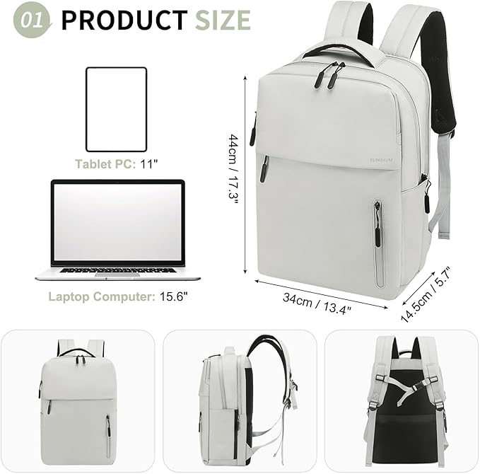 Lightweight Commute Backpack for Men & Women, Water-Resistant Travel Daypack with 15.6-Inch Laptop Compartment & Anti-Theft Pockets, Cloud Gray