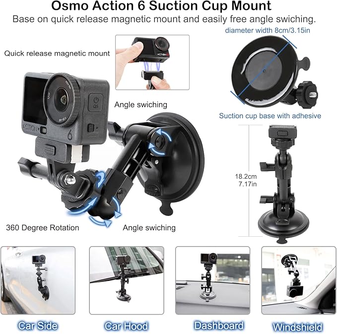 PellKing Accessories Kit for DJI Osmo Action 6,Carrying Case with Belt 135cm Selfie Stick Tripod Waterproof Housing Suction Cup Magnetic Handlebar Mount Qucik Release Clip 4 in 1 Body Mount