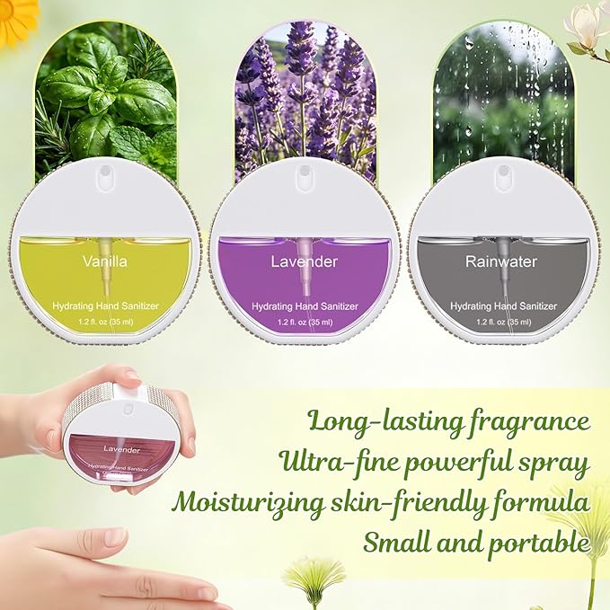3 Pcs Power Mist Hydrating Hand Sanitizer Spray Bulk Travel Size Hand Sanitizer Spray Pocket 1.2 oz White Circular Bottle with Rhinestone for Daily Use Mother's Day End of Year Teachers Gifts