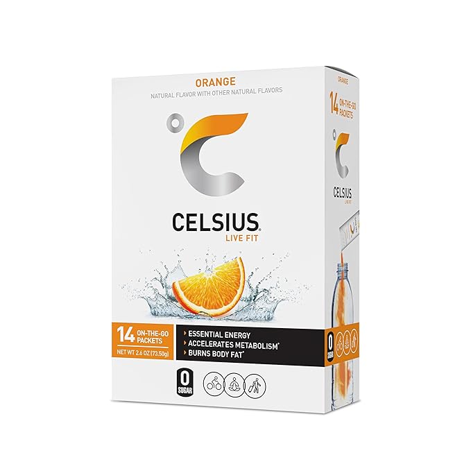CELSIUS On-the-Go Powder Stick Zero Sugar,Orange,5.20 Oz,(Pack of 28)