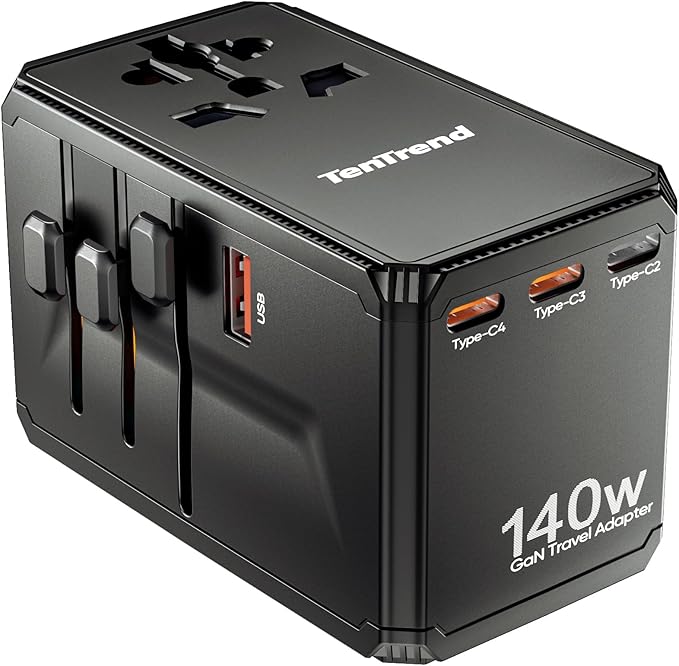 TenTrend Universal Travel Adapter, 140W International Power Adapter with 4 USB-C & 1 USB-A Ports, European Travel Plug Adapter, Worldwide Travel Essentials for EU UK AUS USA