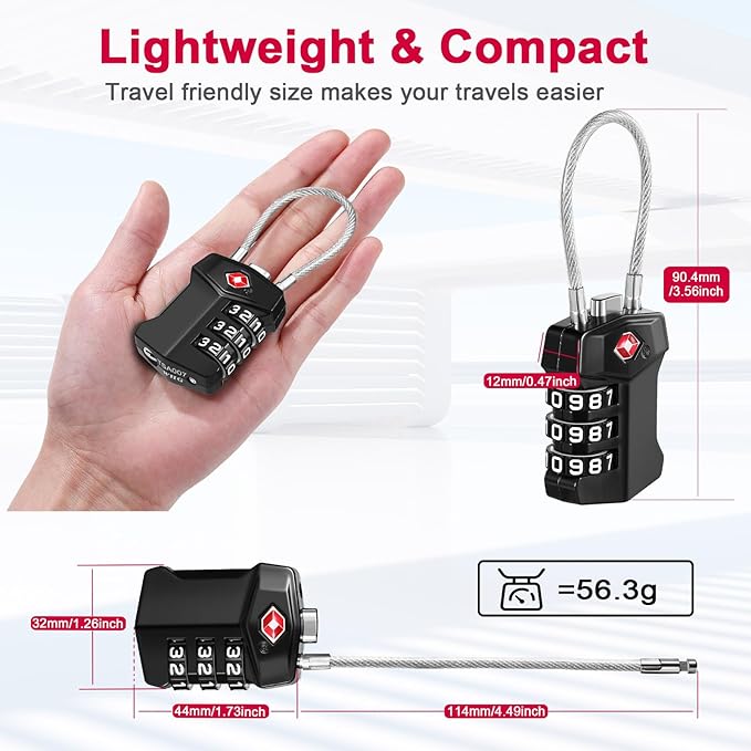 ZHEGE TSA Approved Locks for Luggage, 3 Digit Resettable Keyless Cable Locks with Zinc Alloy Body, Easy to Read White Numbers, for Suitcase, Backpack, Bag, Toolbox, Gym Locker (Black, 2 Pack)
