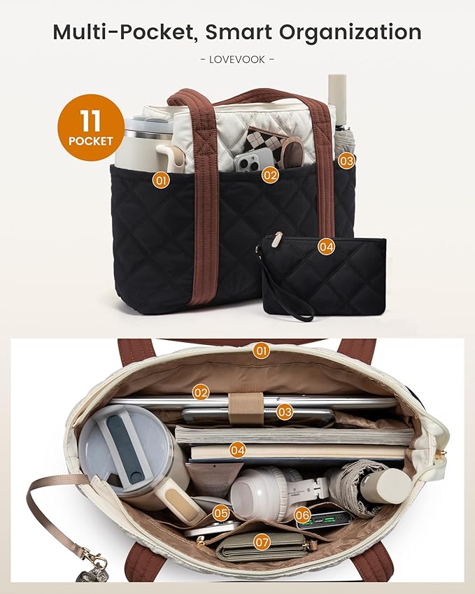LOVEVOOK Puffer Tote Bag for Women, Puffy Work Handbag with Cup Holder, Travel Carry On Bag with Zipper for Teacher Nurse Gym