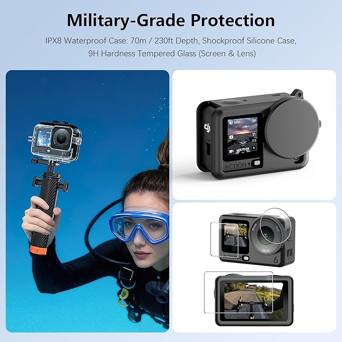 60-in-1 Accessories Kit Compatible with DJI Osmo Action 6 with 70m Waterproof Housing Case, Tempered Glass Screen Protector, Floaty Bobber Grip, Large Carrying Case, Mounts Chest/Head/Handlebar