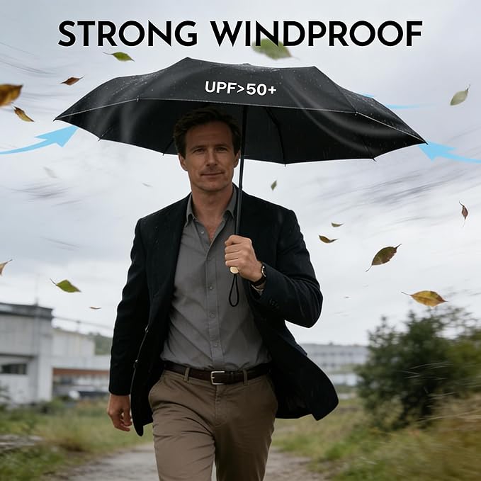Windproof Mini Travel Folding Umbrella, UPF 50+ Sun & Rain Protection, Compact Lightweight, Eco-Friendly Fabric Wallet Umbrella Fits in Pocket Purse Backpack for Men Women Kids