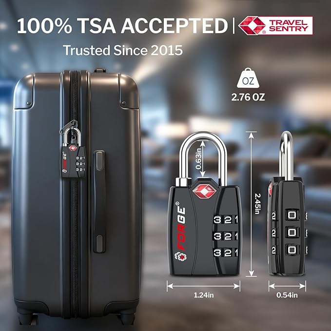 Forge Open Alert TSA Approved Luggage Locks - 3 Digit Combination, Easy Read Dials, Zinc Alloy Body - Ideal Travel Lock for Luggage, Suitcases, Bags & Toolboxes (Black 1 Lock)