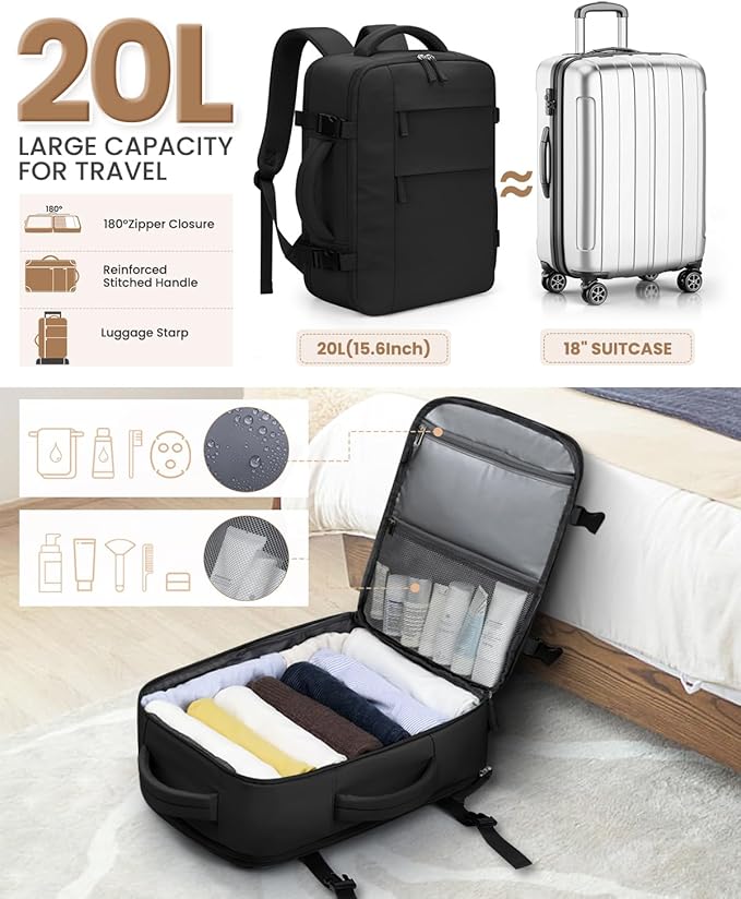 Pritent Travel Backpack for Women Man, Waterproof Personal Item Travel Bag Airline Approved Laptop Backpack Bookbag Weekender bags for Business,Travel, Work Fits 15.6 inch Laptop(Medium,Black)