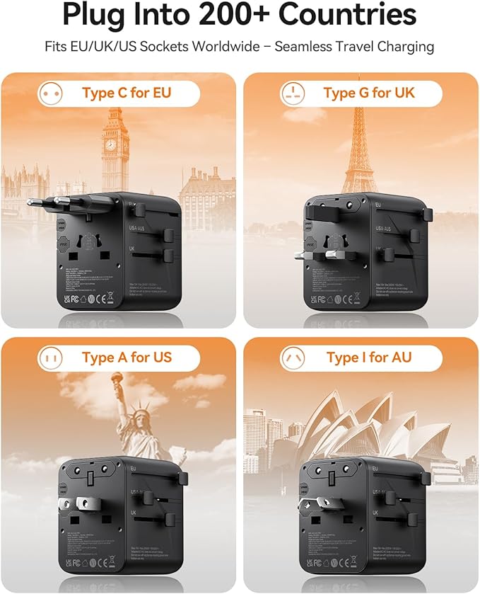 ORICO Universal Travel Adapter with 2 AC 2 USB-C and 1 USB-A Socket, PD 20W International Power Adapter, Worldwide Travel Essentials Wall Charger for USA EU UK AUS JP and Over 200 Countries