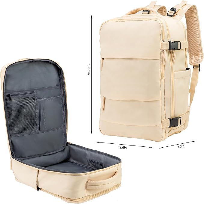 Carrywell (Not Made In China) Travel Backpack Airline Approved, Carry-On Underseat, Holds 15.6 or 16 Inch Laptop, Personal Item Bag with Shoe Compartment For Men Women, Beige 30l