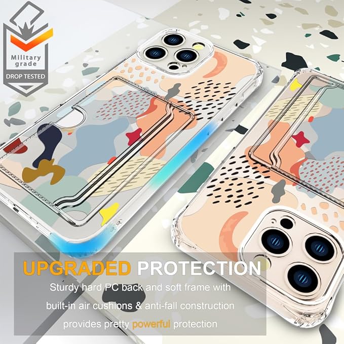 Compatible with iPhone 16 Pro Case Card Holder for Women Cute Design,Wallet Phone Cases Transparent Cool Kawaii Protective (Clear Abstract Art)