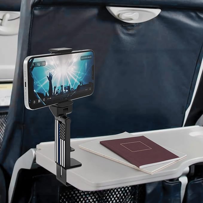 Beyond Cell Travel Accessories, Universal Seat Back Tray Table Hands Free Phone Clip Holder, Adjustable Pocket Size Airplane Travel Essentials Compatible with iPhone and Android Thin Blue Line Flag