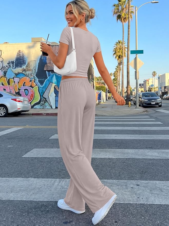 Trendy Queen 2 Piece Matching Summer Lounge Set Womens Side Ruching Top Wide Leg Pants Sets with Pockets