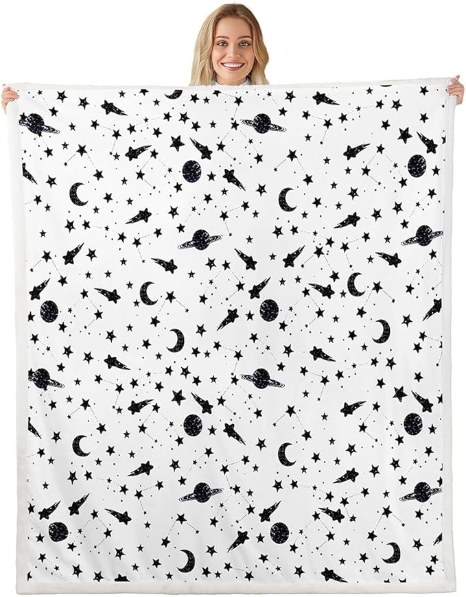 Sun and Moon Kids Throw Blanket,Starry Sky Galaxy Planets Romantic Bed Blanket for Girls Boys Adults,Constellation Trippy Fleece Blanket,Black White Fuzzy Blanket,Twin Size (60 x 80 Inches)