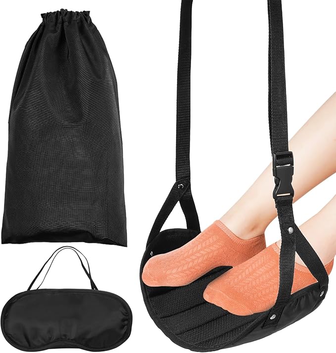 Tofficu Adjustable Portable Foot Hammock 16.5 Inch Lightweight Hanging Footrest for Plane Travel Office Use with Sleep Eye Mask and Storage Pouch